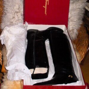 FERRAGAMO Momento Vintage 1970 Black Leather Knee High Zip Up Sz 7.5